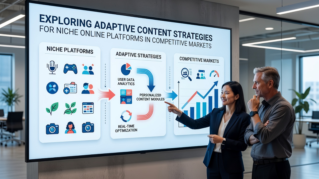 Team reviewing adaptive content performance analytics on multiple screens in a modern workspace
